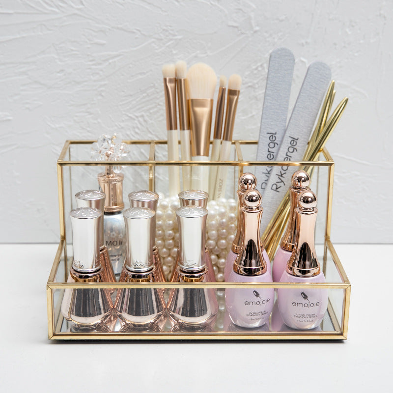 Luxury Glass Makeup Organizer with Golden Frame – Elegant Vanity Storage for Brushes, Perfumes & Skincare