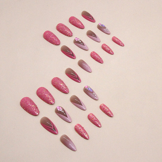 Glam Pink Double French Press-On Nails – Luxury Almond Shape Glitter Nail Set