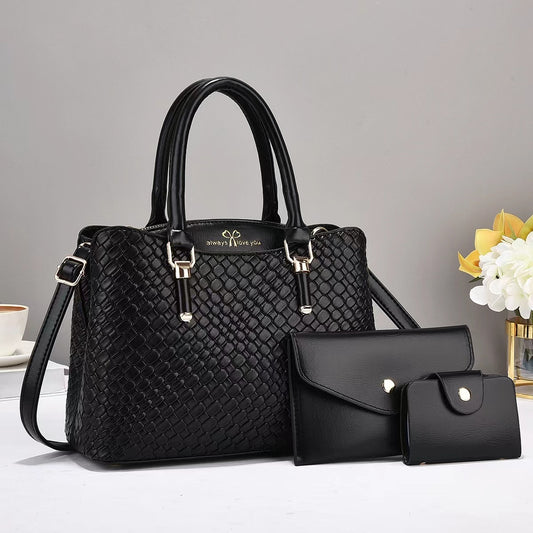 Luxury Woven Texture 3-in-1 Handbag Set for Women – Tote + Crossbody + Wallet Combo