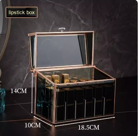 Rotating Glass Cosmetic Storage Box – Luxury Dustproof Vanity Organizer (Hexagon Design)