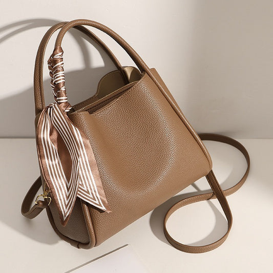 Chic High-Grade Leather Handbag with Silk Scarf – Elegant Shoulder Tote for Women