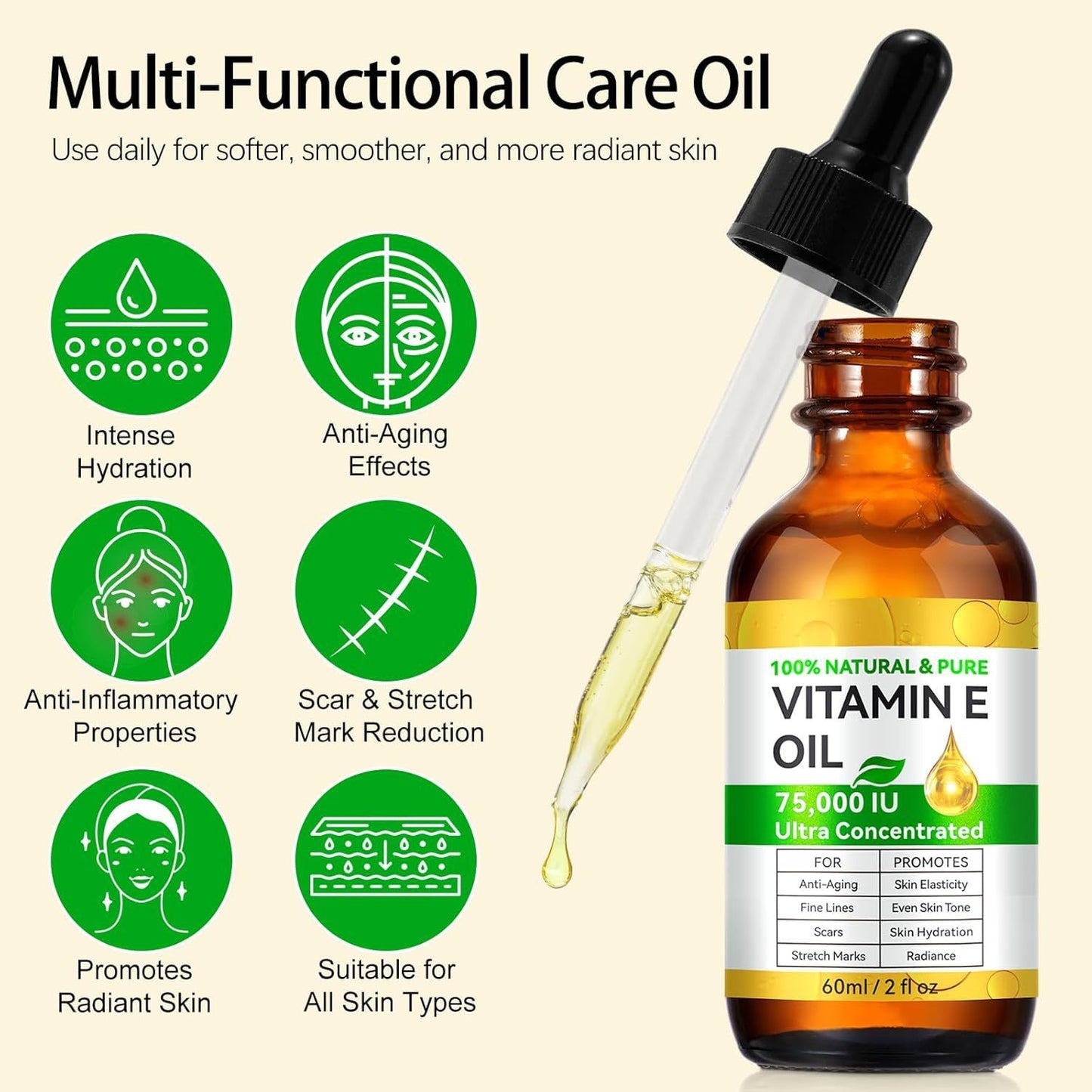 Vitamin E Oil 60ml  | Natural Skin & Hair Moisturizing Serum for Glowing, Youthful Skin