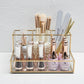 Luxury Glass Makeup Organizer with Golden Frame – Elegant Vanity Storage for Brushes, Perfumes & Skincare