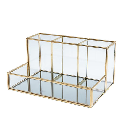 Luxury Glass Makeup Organizer with Golden Frame – Elegant Vanity Storage for Brushes, Perfumes & Skincare