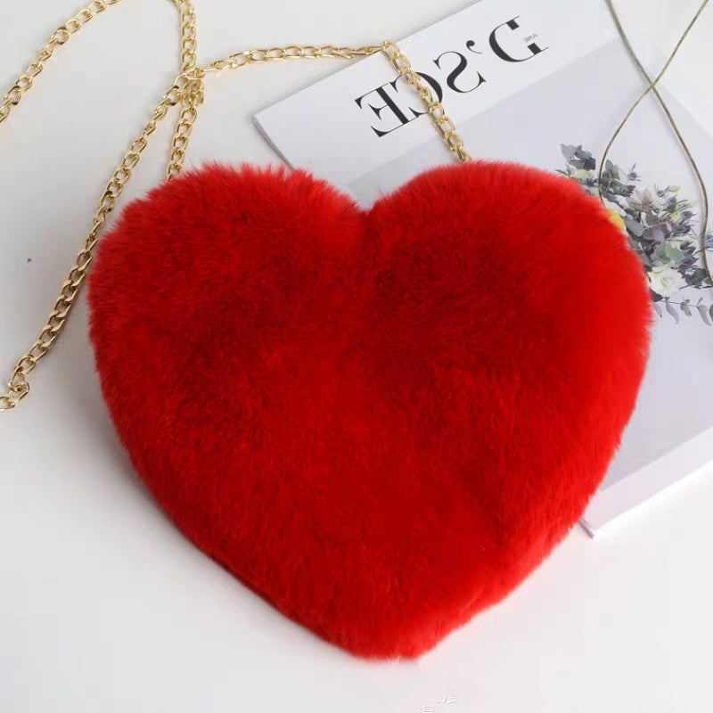 Fluffy Love Heart Plush Shoulder Bag – Cute Chain Crossbody Purse for Girls & Valentine’s Gifting