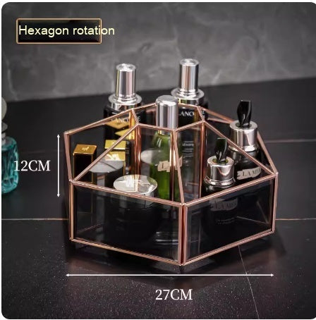 Rotating Glass Cosmetic Storage Box – Luxury Dustproof Vanity Organizer (Hexagon Design)
