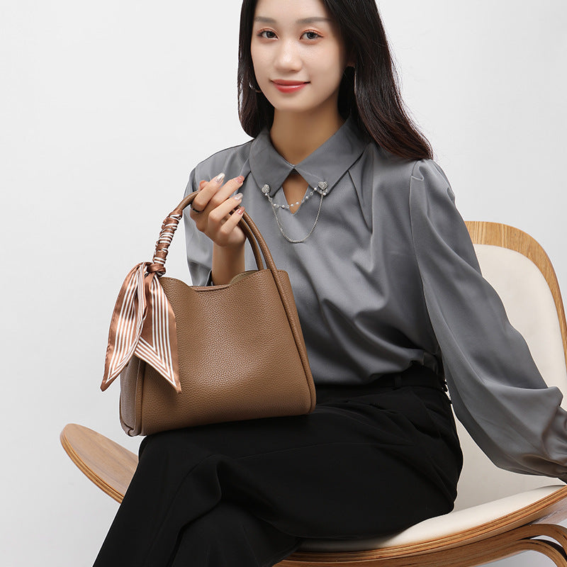 Chic High-Grade Leather Handbag with Silk Scarf – Elegant Shoulder Tote for Women