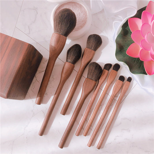 Elysian™ 10-Piece Natural Wood Handle Makeup Brush Set – Handcrafted Elegance for Effortless Beauty