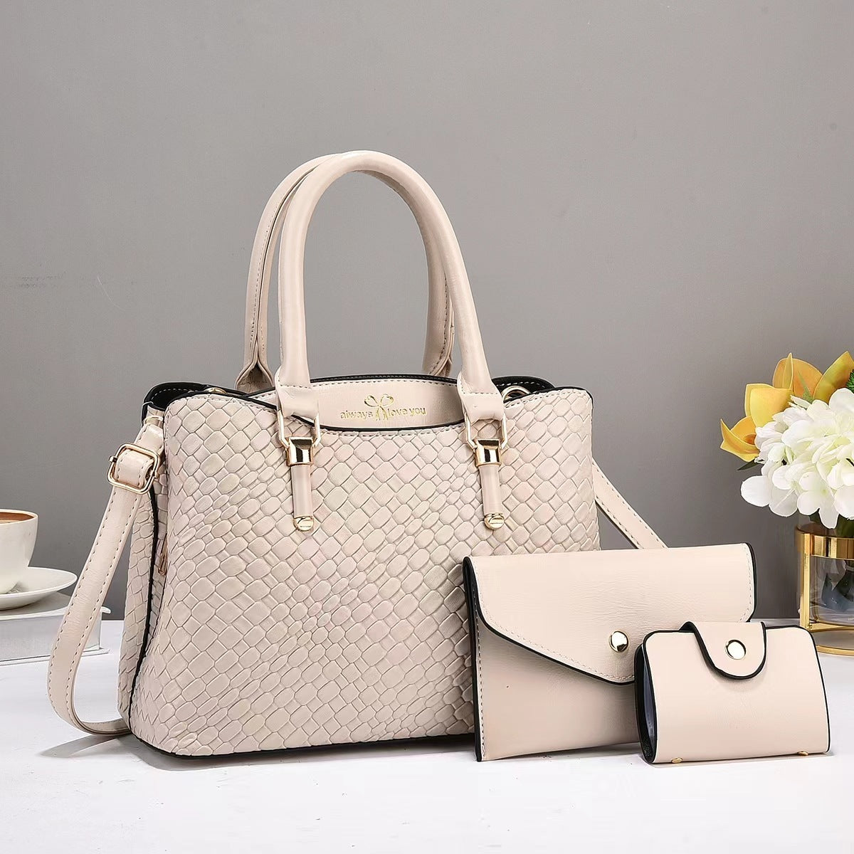 Luxury Woven Texture 3-in-1 Handbag Set for Women – Tote + Crossbody + Wallet Combo
