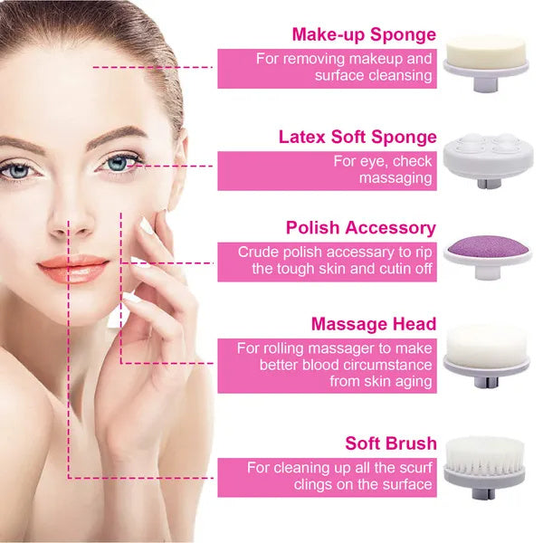 Waterproof 5-in-1 Facial Cleansing Brush – Deep Pore Cleaner & Spa Spin Scrubber for Glowing Skin