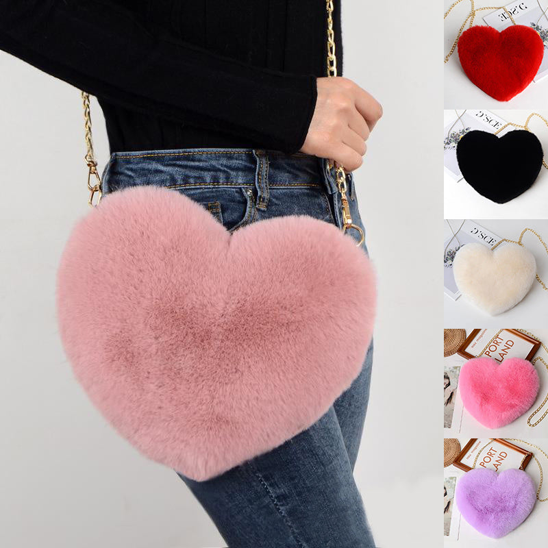 Fluffy Love Heart Plush Shoulder Bag – Cute Chain Crossbody Purse for Girls & Valentine’s Gifting