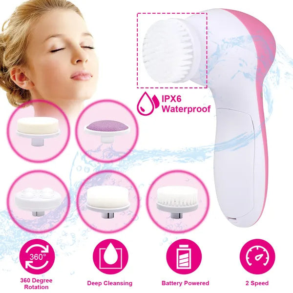 Waterproof 5-in-1 Facial Cleansing Brush – Deep Pore Cleaner & Spa Spin Scrubber for Glowing Skin