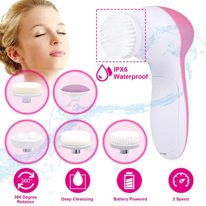 Waterproof 5-in-1 Facial Cleansing Brush – Deep Pore Cleaner & Spa Spin Scrubber for Glowing Skin