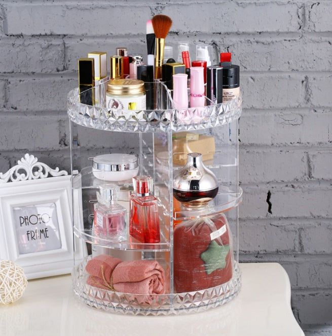 360° Rotating Diamond Wave Makeup Organizer – Elegant Cosmetic Storage Box with Drawers