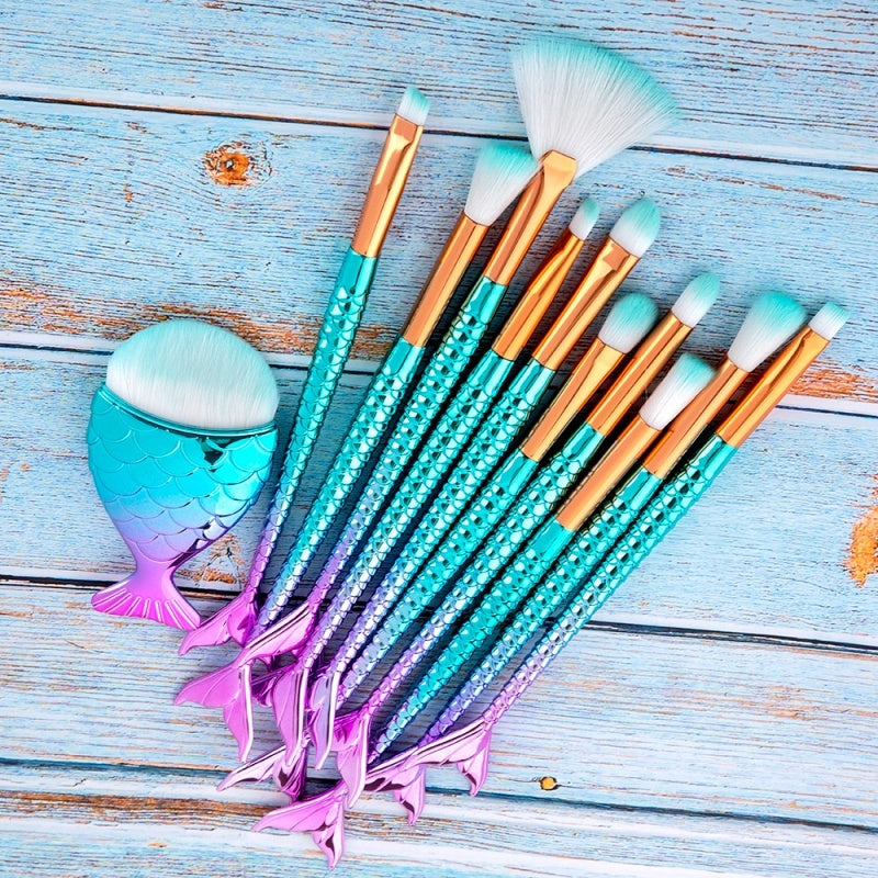 MermaidGlow™ 11-Piece Iridescent Makeup Brush Set – Ocean-Inspired Beauty Kit