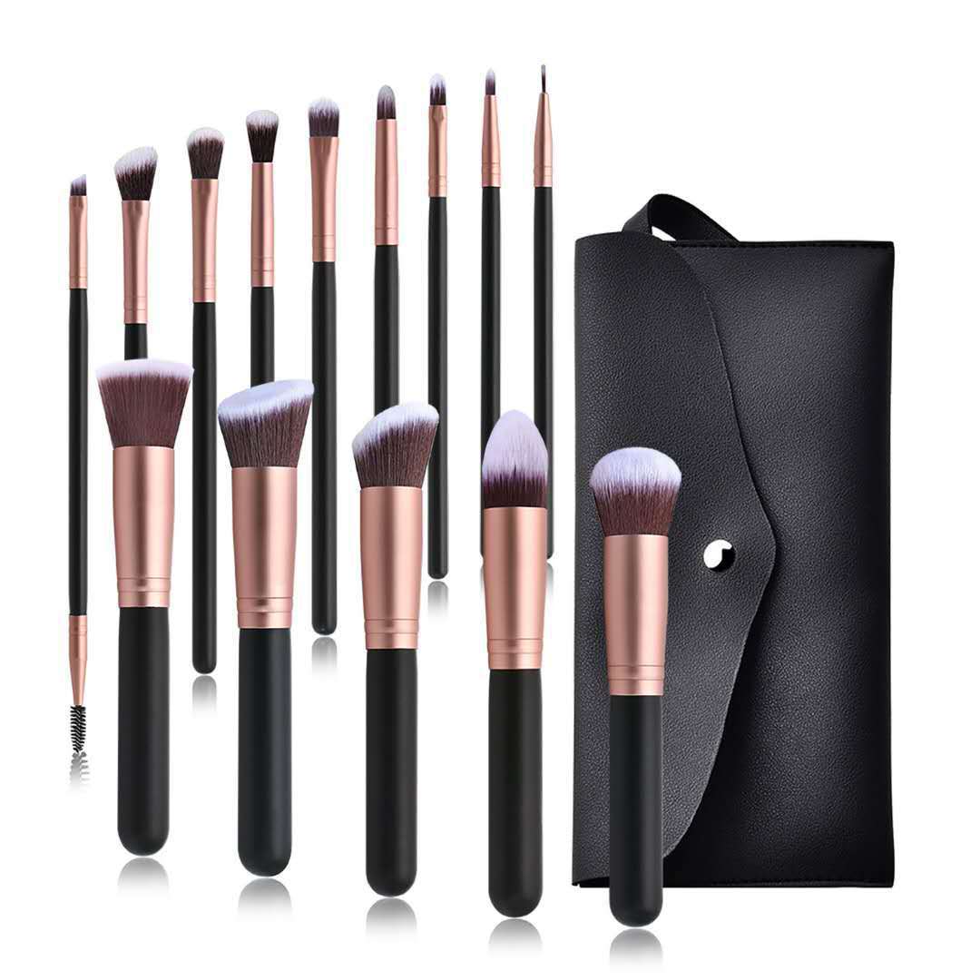 LuxeBlend™ 14-Piece Rose Gold Makeup Brush Set with Leather Travel Bag