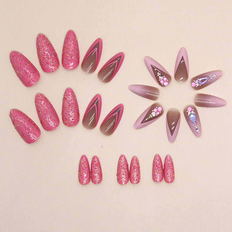 Glam Pink Double French Press-On Nails – Luxury Almond Shape Glitter Nail Set