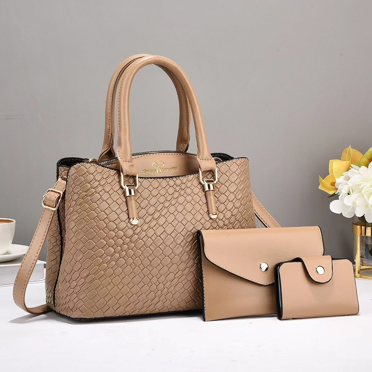 Luxury Woven Texture 3-in-1 Handbag Set for Women – Tote + Crossbody + Wallet Combo