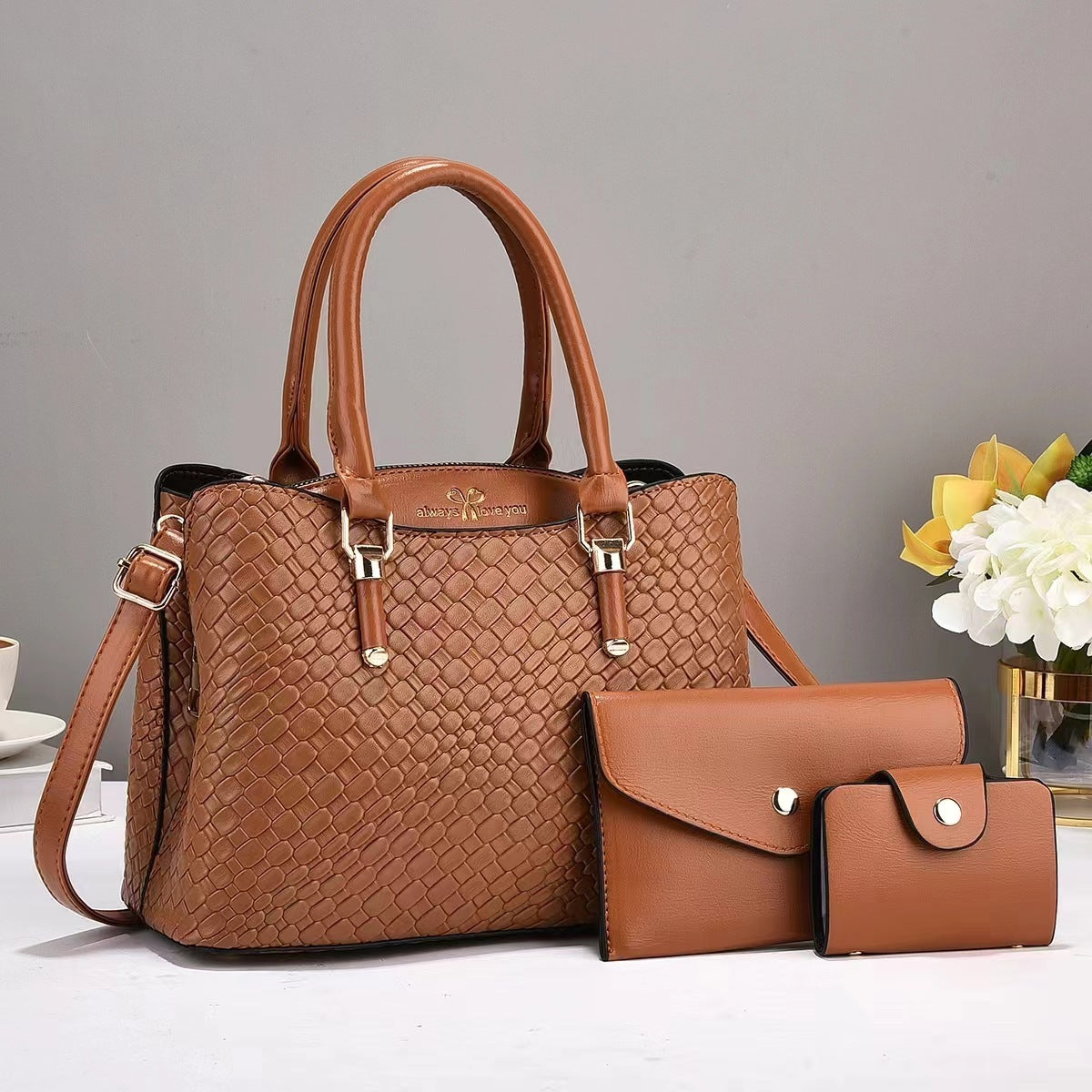 Luxury Woven Texture 3-in-1 Handbag Set for Women – Tote + Crossbody + Wallet Combo