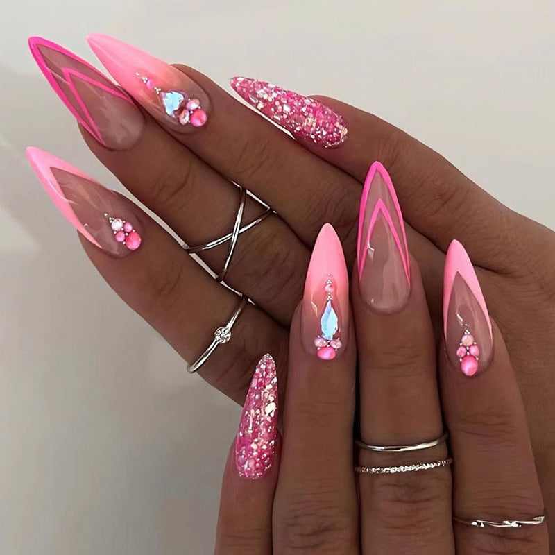 Glam Pink Double French Press-On Nails – Luxury Almond Shape Glitter Nail Set