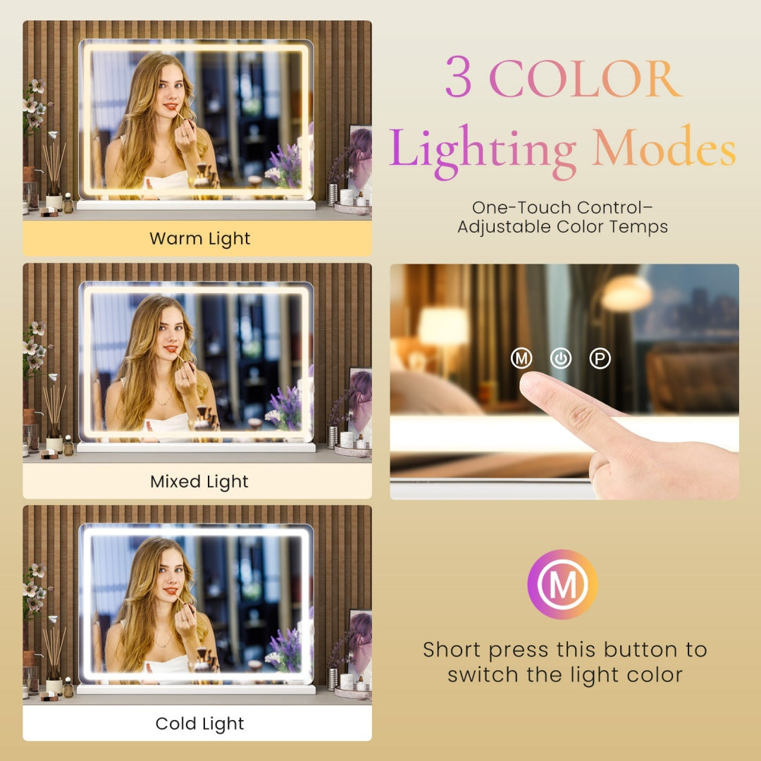 Luxury LED Vanity Mirror – 3 Color Touch Screen Makeup Mirror with Adjustable Brightness (Perfect for Beauty Desk Setup)