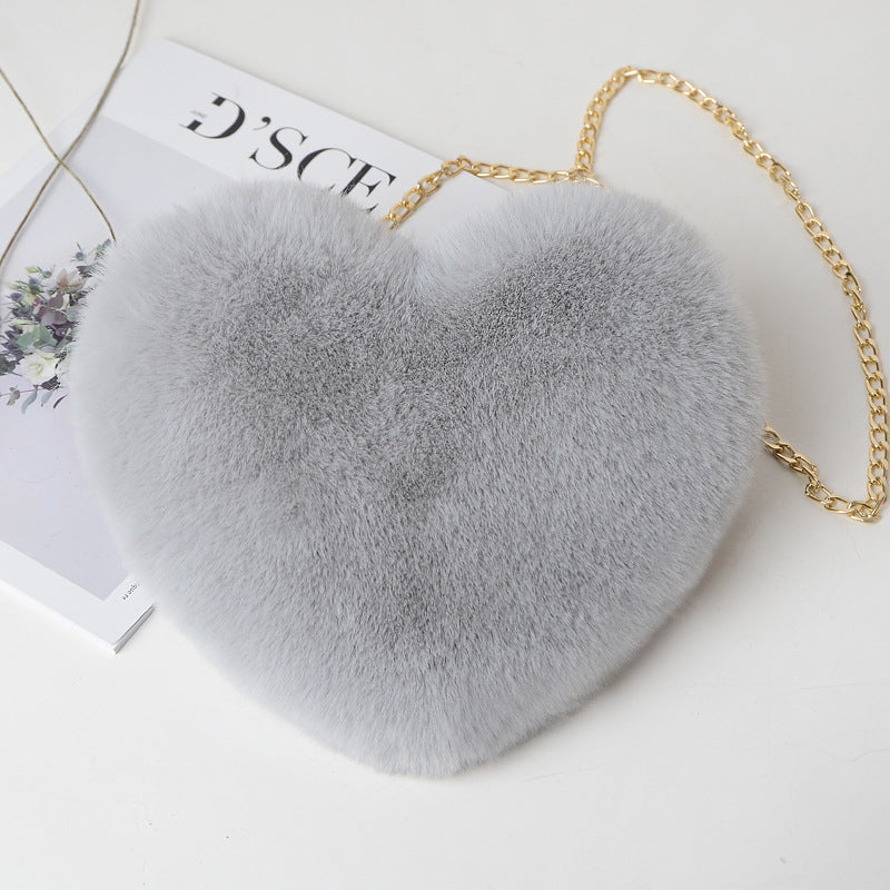 Fluffy Love Heart Plush Shoulder Bag – Cute Chain Crossbody Purse for Girls & Valentine’s Gifting
