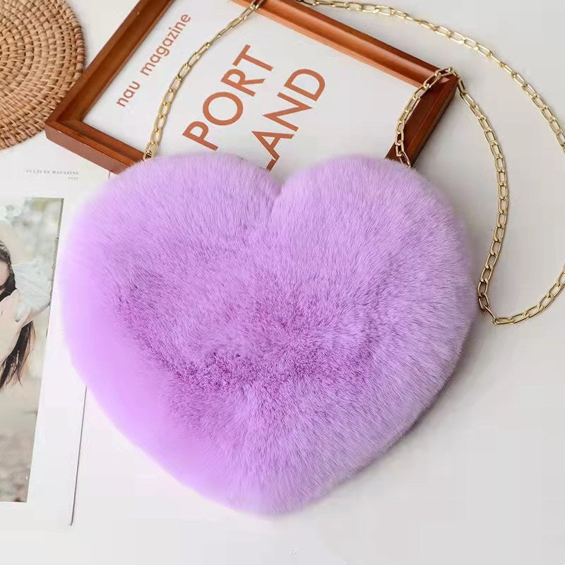 Fluffy Love Heart Plush Shoulder Bag – Cute Chain Crossbody Purse for Girls & Valentine’s Gifting