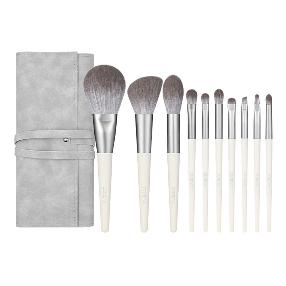 Luméva™ 10-Piece Nano Fiber Makeup Brush Set with Faux-Suede Roll-Up Case – Silver Edition