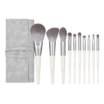 Luméva™ 10-Piece Nano Fiber Makeup Brush Set with Faux-Suede Roll-Up Case – Silver Edition
