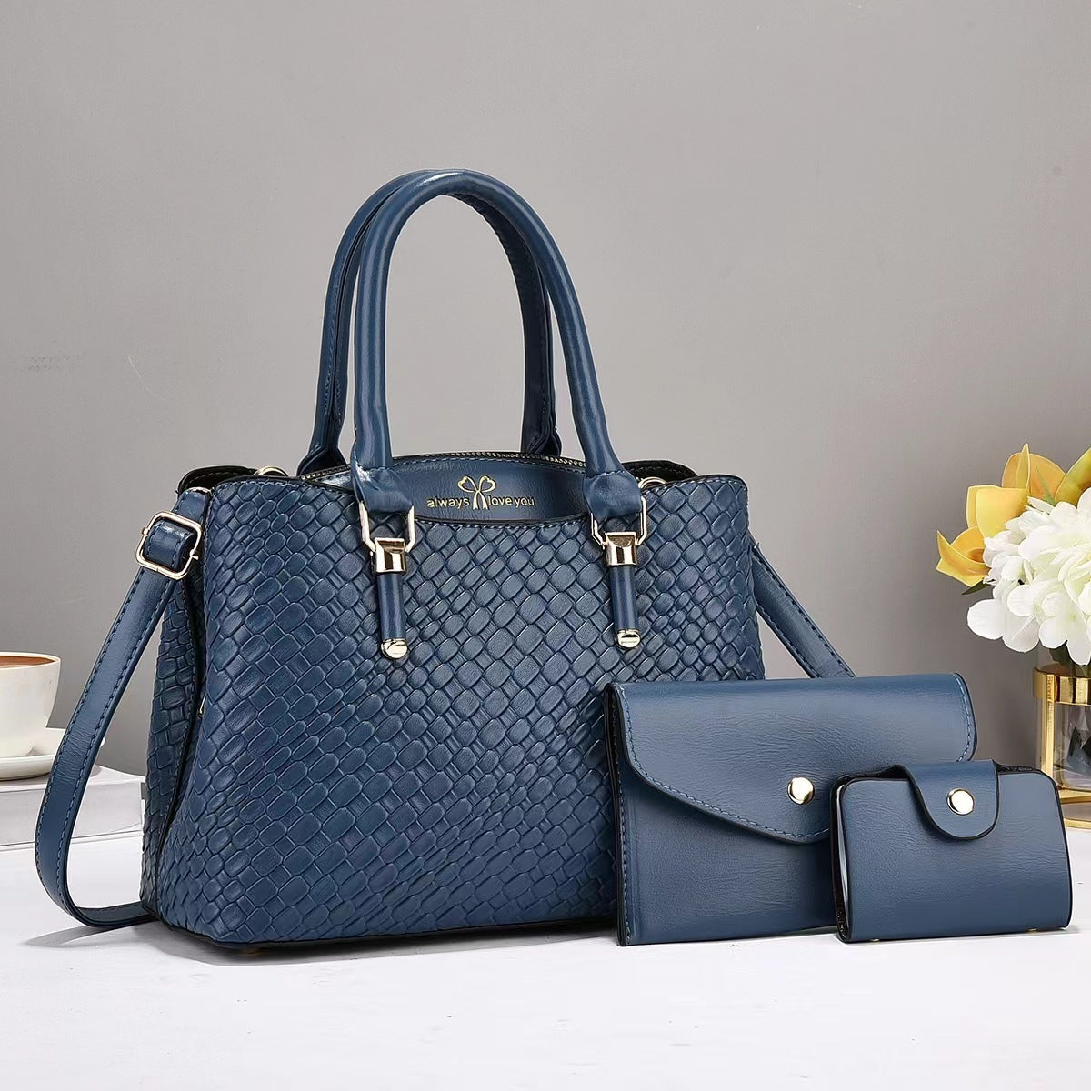 Luxury Woven Texture 3-in-1 Handbag Set for Women – Tote + Crossbody + Wallet Combo