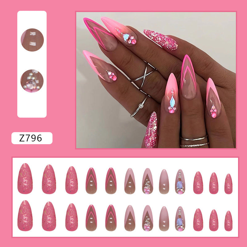 Glam Pink Double French Press-On Nails – Luxury Almond Shape Glitter Nail Set