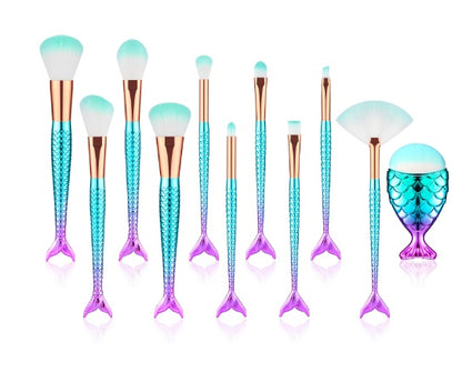MermaidGlow™ 11-Piece Iridescent Makeup Brush Set – Ocean-Inspired Beauty Kit